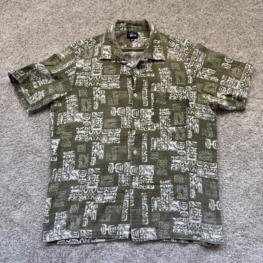 Vintage 90s Stussy USA Made Tribal AOP Camp Shirt M Fits Large Olive Surf Skate